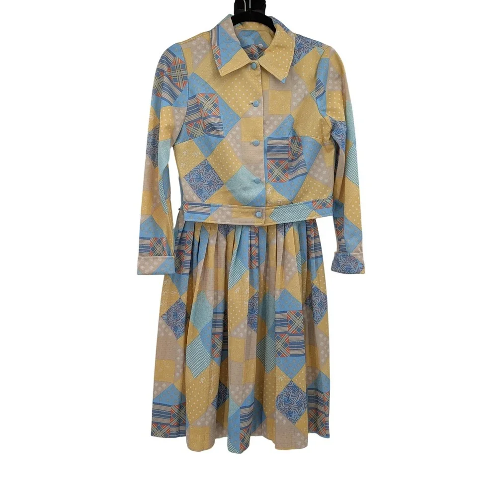 Tradwife 1970s Mod Blue Yellow Patchwork Vintage Retro 12 Dress & Jacket Set